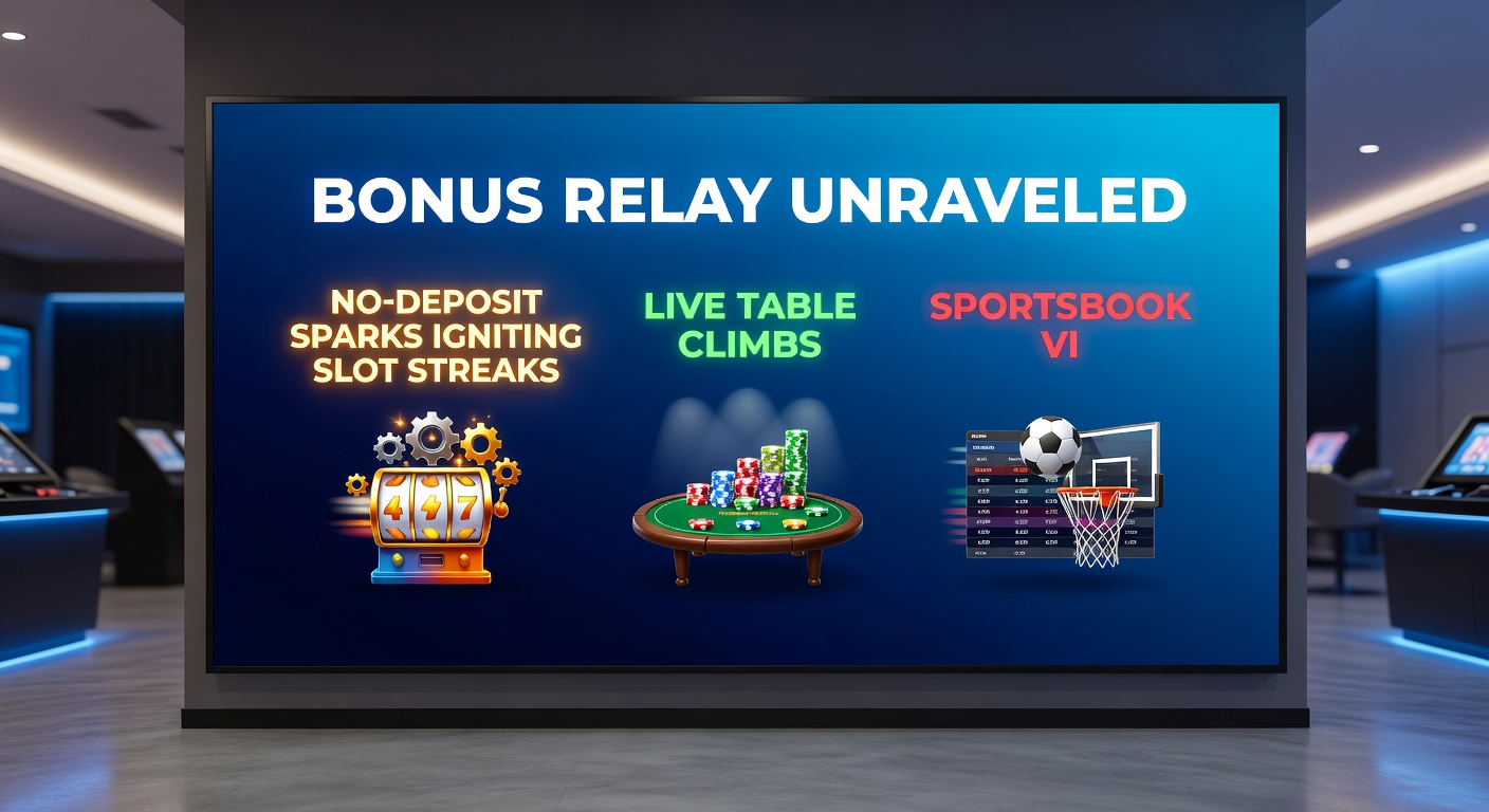 Close-up graphic of a bonus relay pathway showing slot icons exploding into live dealer chips and sportsbook trophies, with glowing cascade arrows connecting them