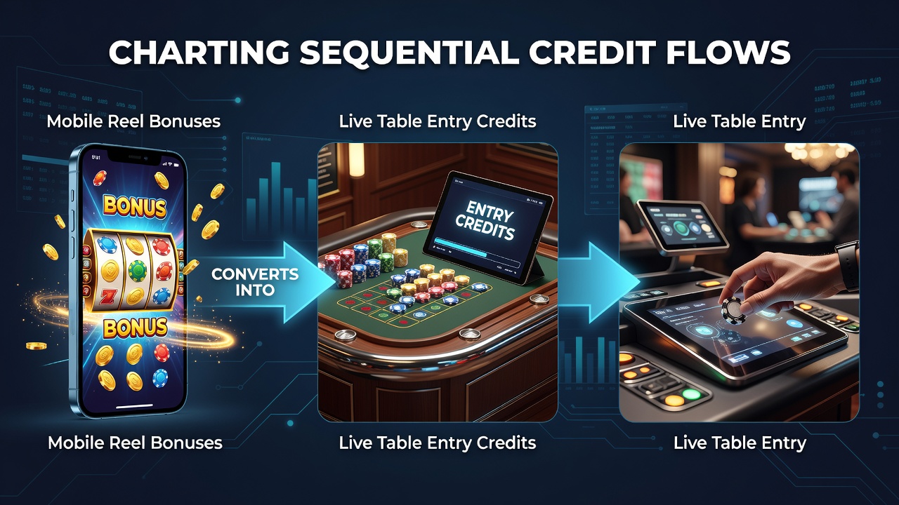 Flowchart illustrating credit movement from mobile reels to live tables then onward to sports accumulator bonuses