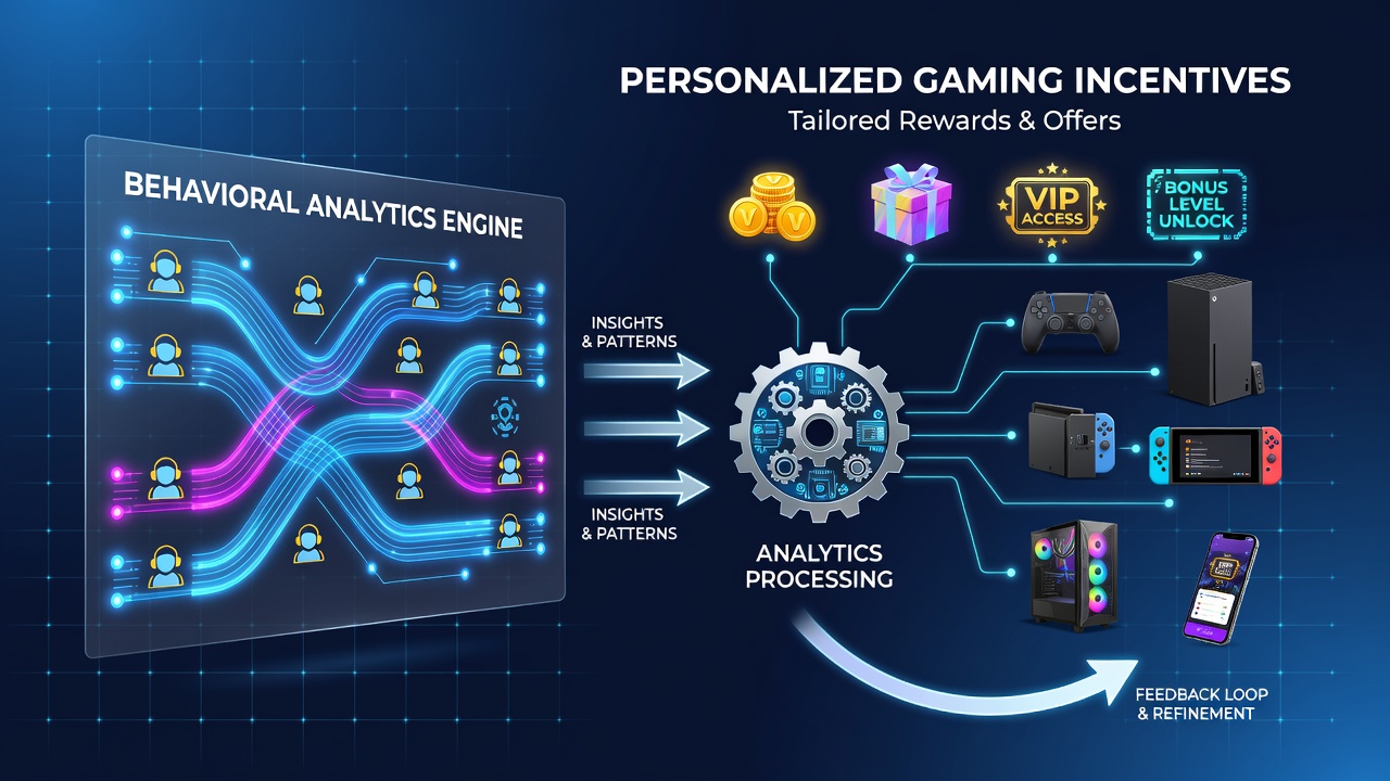 Illustration of interconnected gaming platforms showing data flow for personalized rewards