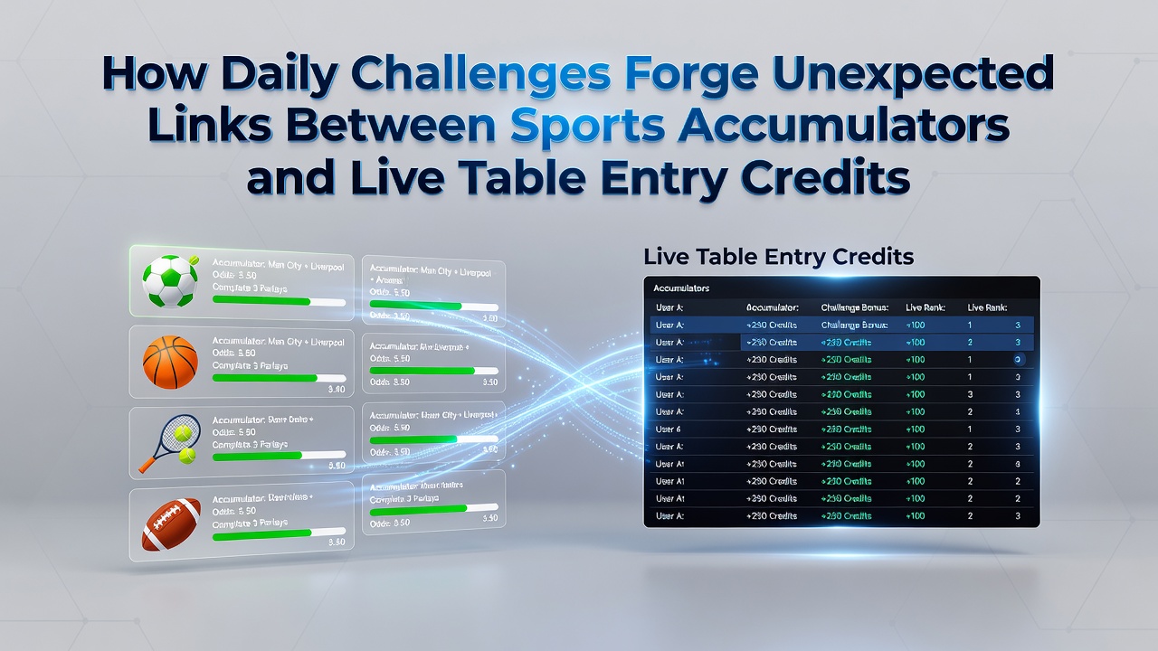 Live table game interface displaying accumulated entry credits earned from sports accumulator challenges