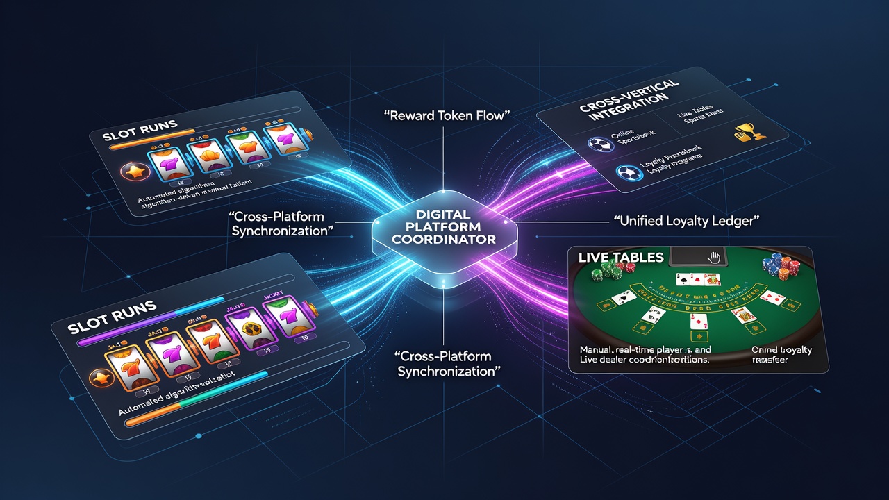 Flow diagram illustrating reward coordination across slot, live table, and accumulator gaming verticals