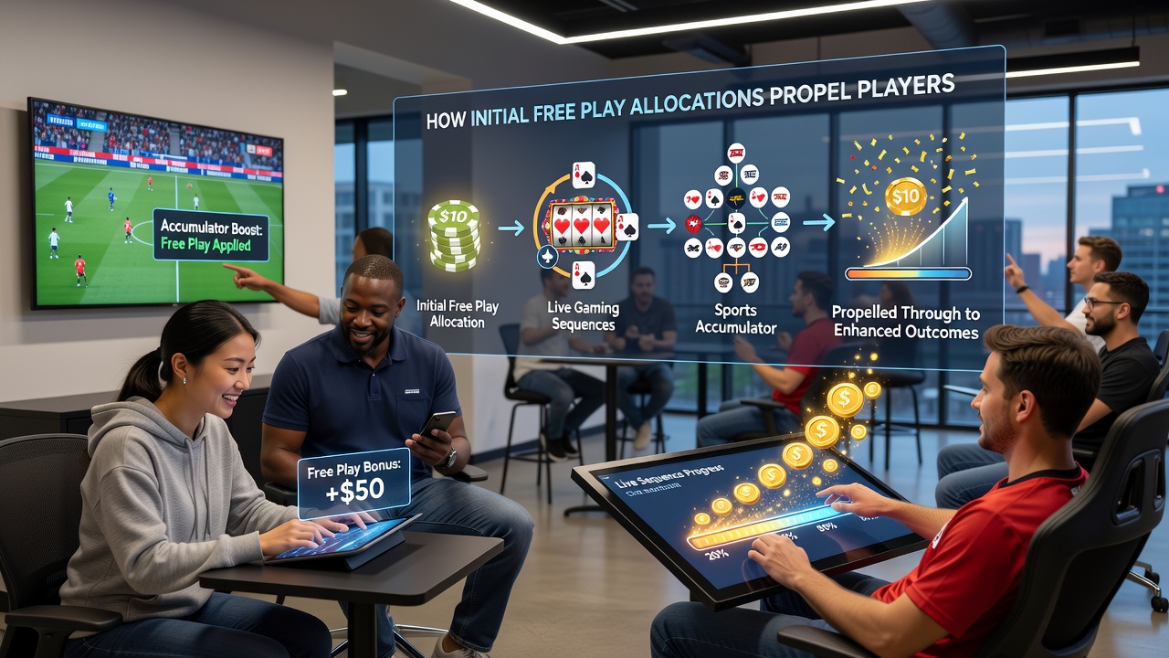 Flow chart showing connections between free play starters, live dealer tables, and enhanced sports accumulators