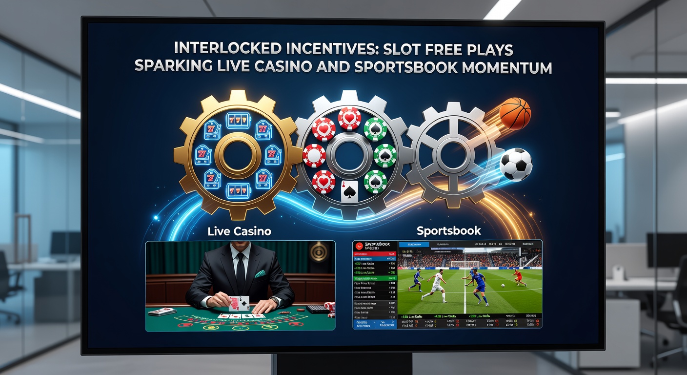 Dynamic graphic showing slot free play wins flowing into live casino chips and sportsbook bet slips, with momentum arrows linking the three gaming verticals