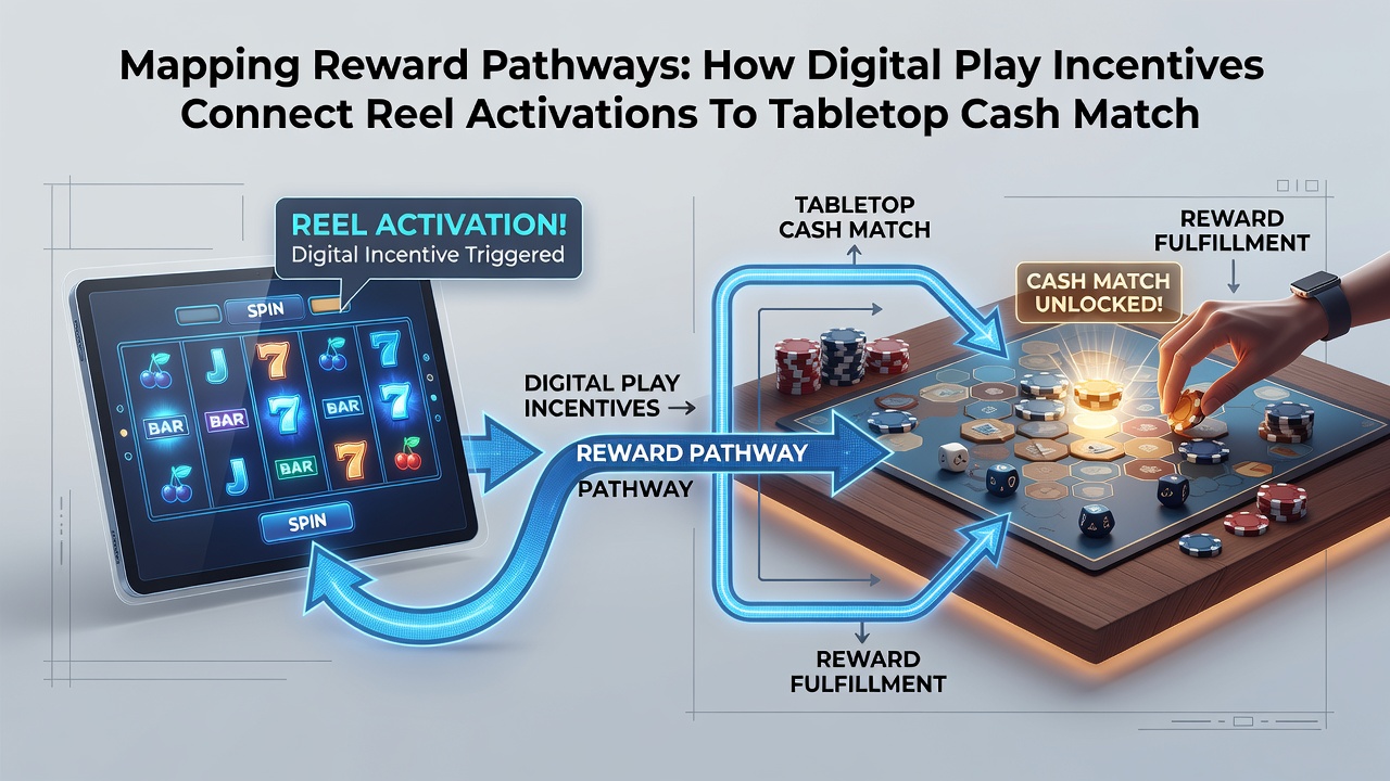 Flowchart illustrating connections between reel activations tabletop cash matches and wager boost sequences in digital gaming systems