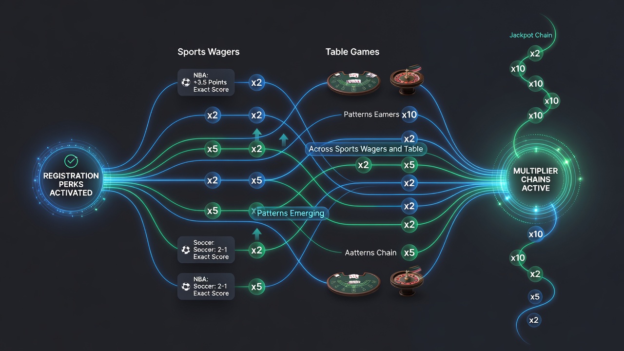 Infographic illustrating multiplier progression from sports wagers to table game entries