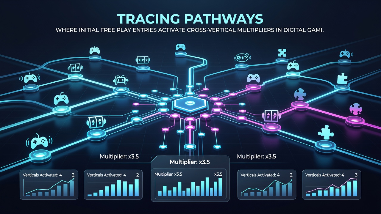 Flow diagram illustrating free play entries progressing through slot, live dealer, and sportsbook multiplier stages in a unified gaming backend
