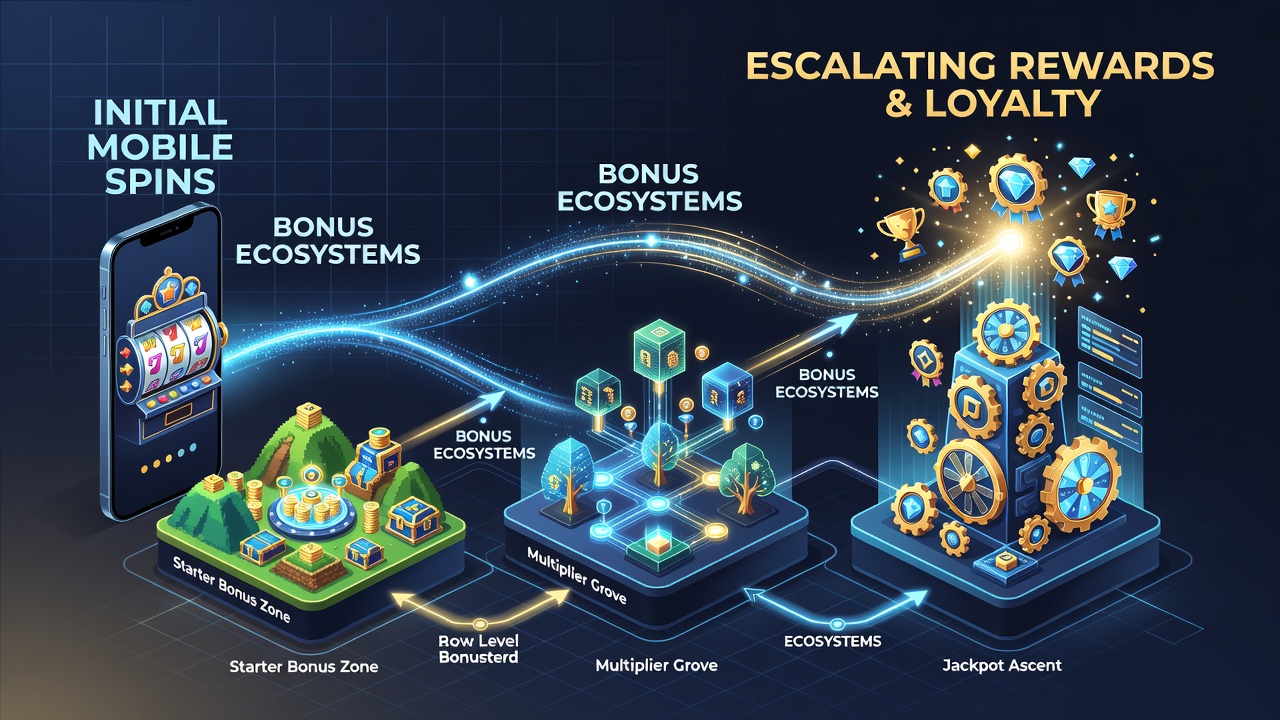 Diagram of connected bonus layers showing mobile spins flowing into live dealer rewards and then into sportsbook multiplier chains